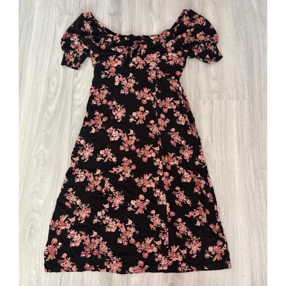 Forever 21 Black Floral Off Shoulder Midi Dress Puff Sleeve Size M